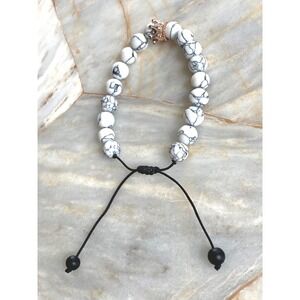White Howlite Marble Bead Bracelet Rose Gold Crystal Crown Adjustable Cord